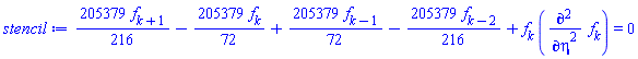 (205379/216)*f[k+1]-(205379/72)*f[k]+(205379/72)*f[k-1]-(205379/216)*f[k-2]+f[k]*(diff(diff(f[k], eta), eta)) = 0