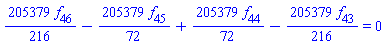 (205379/216)*f[46]-(205379/72)*f[45]+(205379/72)*f[44]-(205379/216)*f[43] = 0