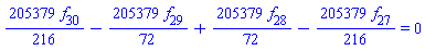 (205379/216)*f[30]-(205379/72)*f[29]+(205379/72)*f[28]-(205379/216)*f[27] = 0