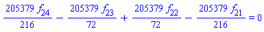 (205379/216)*f[24]-(205379/72)*f[23]+(205379/72)*f[22]-(205379/216)*f[21] = 0