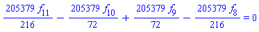 (205379/216)*f[11]-(205379/72)*f[10]+(205379/72)*f[9]-(205379/216)*f[8] = 0