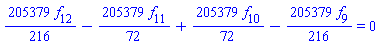 (205379/216)*f[12]-(205379/72)*f[11]+(205379/72)*f[10]-(205379/216)*f[9] = 0