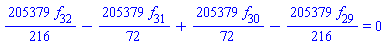 (205379/216)*f[32]-(205379/72)*f[31]+(205379/72)*f[30]-(205379/216)*f[29] = 0