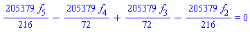 (205379/216)*f[5]-(205379/72)*f[4]+(205379/72)*f[3]-(205379/216)*f[2] = 0