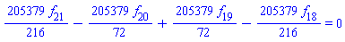 (205379/216)*f[21]-(205379/72)*f[20]+(205379/72)*f[19]-(205379/216)*f[18] = 0