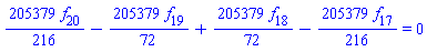 (205379/216)*f[20]-(205379/72)*f[19]+(205379/72)*f[18]-(205379/216)*f[17] = 0