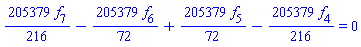 (205379/216)*f[7]-(205379/72)*f[6]+(205379/72)*f[5]-(205379/216)*f[4] = 0