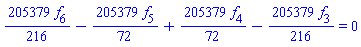 (205379/216)*f[6]-(205379/72)*f[5]+(205379/72)*f[4]-(205379/216)*f[3] = 0