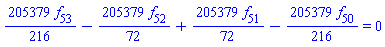 (205379/216)*f[53]-(205379/72)*f[52]+(205379/72)*f[51]-(205379/216)*f[50] = 0
