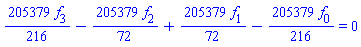 (205379/216)*f[3]-(205379/72)*f[2]+(205379/72)*f[1]-(205379/216)*f[0] = 0