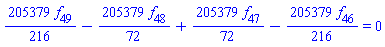 (205379/216)*f[49]-(205379/72)*f[48]+(205379/72)*f[47]-(205379/216)*f[46] = 0