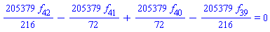 (205379/216)*f[42]-(205379/72)*f[41]+(205379/72)*f[40]-(205379/216)*f[39] = 0