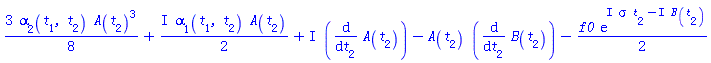 (3/8)*alpha[2](t[1], t[2])*A(t[2])^3+((1/2)*I)*alpha[1](t[1], t[2])*A(t[2])+I*(diff(A(t[2]), t[2]))-A(t[2])*(diff(B(t[2]), t[2]))-(1/2)*f0*exp(I*sigma*t[2]-I*B(t[2]))