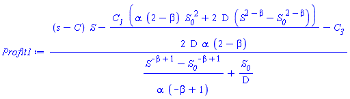 ((s-C)*S-(1/2)*C__1*(alpha*(2-beta)*S__0^2+2*D*(S^(2-beta)-S__0^(2-beta)))/(D*alpha*(2-beta))-C__3)/((S^(-beta+1)-S__0^(-beta+1))/(alpha*(-beta+1))+S__0/D)