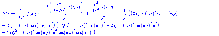 diff(diff(diff(diff(f(x, y), x), x), x), x)+2*(diff(diff(diff(diff(f(x, y), x), x), y), y))/alpha^2+(diff(diff(diff(diff(f(x, y), y), y), y), y))/alpha^4+((2*Q*sin(Pi*x)^2*Pi^2*cos(Pi*y)^2-2*Q*sin(Pi*x)^2*sin(Pi*y)^2*Pi^2)*(2*Q*Pi^2*cos(Pi*x)^2*sin(Pi*y)^2-2*Q*sin(Pi*x)^2*sin(Pi*y)^2*Pi^2)-16*Q^2*sin(Pi*x)^2*sin(Pi*y)^2*Pi^4*cos(Pi*x)^2*cos(Pi*y)^2)/alpha^2