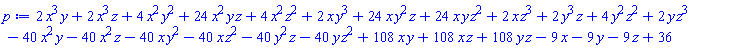 2*x^3*y+2*x^3*z+4*x^2*y^2+24*x^2*y*z+4*x^2*z^2+2*x*y^3+24*x*y^2*z+24*x*y*z^2+2*x*z^3+2*y^3*z+4*y^2*z^2+2*y*z^3-40*x^2*y-40*x^2*z-40*x*y^2-40*x*z^2-40*y^2*z-40*y*z^2+108*x*y+108*x*z+108*y*z-9*x-9*y-9*z+36