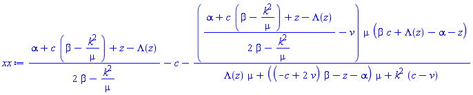 (alpha+c*(beta-k^2/mu)+z-Lambda(z))/(2*beta-k^2/mu)-c-((alpha+c*(beta-k^2/mu)+z-Lambda(z))/(2*beta-k^2/mu)-v)*mu*(beta*c+Lambda(z)-alpha-z)/(Lambda(z)*mu+((-c+2*v)*beta-z-alpha)*mu+k^2*(c-v))