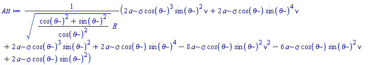 (2*a*sigma*cos(theta)^3*sin(theta)^2*nu+2*a*sigma*cos(theta)*sin(theta)^4*nu+2*a*sigma*cos(theta)^3*sin(theta)^2+2*a*sigma*cos(theta)*sin(theta)^4-8*a*sigma*cos(theta)*sin(theta)^2*nu^2-6*a*sigma*cos(theta)*sin(theta)^2*nu+2*a*sigma*cos(theta)*sin(theta)^2)/(((cos(theta)^2+sin(theta)^2)/cos(theta)^2)^(1/2)*E)
