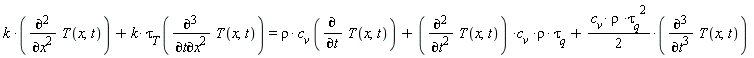 k*(diff(T(x, t), x, x))+k*`&tau;__T`*(diff(T(x, t), t, x, x)) = rho*c__v*(diff(T(x, t), t))+(diff(T(x, t), t, t))*c__v*rho*`&tau;__q`+(1/2)*c__v*rho*`&tau;__q`^2*(diff(T(x, t), t, t, t))