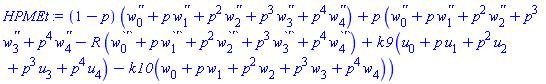 (1-p)*(diff(diff(w[0](x), x), x)+p*(diff(diff(w[1](x), x), x))+p^2*(diff(diff(w[2](x), x), x))+p^3*(diff(diff(w[3](x), x), x))+p^4*(diff(diff(w[4](x), x), x)))+p*(diff(diff(w[0](x), x), x)+p*(diff(diff(w[1](x), x), x))+p^2*(diff(diff(w[2](x), x), x))+p^3*(diff(diff(w[3](x), x), x))+p^4*(diff(diff(w[4](x), x), x))-R*(diff(w[0](x), x)+p*(diff(w[1](x), x))+p^2*(diff(w[2](x), x))+p^3*(diff(w[3](x), x))+p^4*(diff(w[4](x), x)))+k9*(u[0](x)+p*u[1](x)+p^2*u[2](x)+p^3*u[3](x)+p^4*u[4](x))-k10*(w[0](x)+p*w[1](x)+p^2*w[2](x)+p^3*w[3](x)+p^4*w[4](x)))