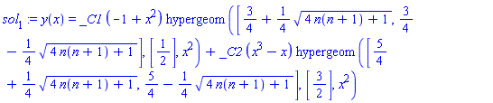 y(x) = _C1*(-1+x^2)*hypergeom([3/4+(1/4)*(4*n(n+1)+1)^(1/2), 3/4-(1/4)*(4*n(n+1)+1)^(1/2)], [1/2], x^2)+_C2*(x^3-x)*hypergeom([5/4+(1/4)*(4*n(n+1)+1)^(1/2), 5/4-(1/4)*(4*n(n+1)+1)^(1/2)], [3/2], x^2)