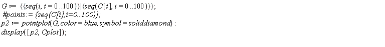 G := `<|>`(`<,>`(seq(i, i = 0 .. 100)), `<,>`(seq(C[i], i = 0 .. 100))); p2 := pointplot(G, color = blue, symbol = soliddiamond); display([p2, Cplot])