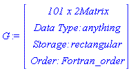 G := Vector(4, {(1) = ` 101 x 2 `*Matrix, (2) = `Data Type: `*anything, (3) = `Storage: `*rectangular, (4) = `Order: `*Fortran_order})