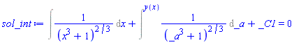 Int(1/(x^3+1)^(2/3), x)+Intat(1/(_a^3+1)^(2/3), _a = y(x))+_C1 = 0