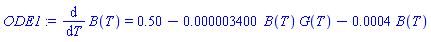 diff(B(T), T) = .50-0.3400e-5*B(T)*G(T)-0.4e-3*B(T)