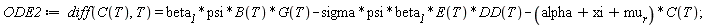ODE2 := diff(C(T), T) = beta__1*psi*B(T)*G(T)-sigma*psi*beta__1*E(T)*DD(T)-(alpha+xi+mu__r)*C(T);