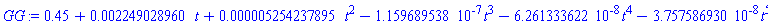 .45+0.2249028960e-2*t+0.5254237895e-5*t^2-0.1159689538e-6*t^3-0.6261333622e-7*t^4-0.3757586930e-7*t^5