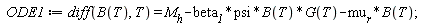 ODE1 := diff(B(T), T) = M__h-beta__1*psi*B(T)*G(T)-mu__r*B(T);