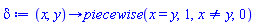 proc (x, y) options operator, arrow; piecewise(x = y, 1, x <> y, 0) end proc