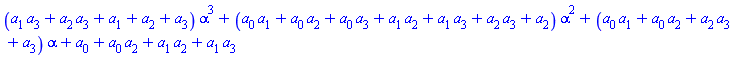 (a[1]*a[3]+a[2]*a[3]+a[1]+a[2]+a[3])*alpha^3+(a[0]*a[1]+a[0]*a[2]+a[0]*a[3]+a[1]*a[2]+a[1]*a[3]+a[2]*a[3]+a[2])*alpha^2+(a[0]*a[1]+a[0]*a[2]+a[2]*a[3]+a[3])*alpha+a[0]+a[0]*a[2]+a[1]*a[2]+a[1]*a[3]