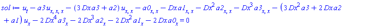 diff(u, t)-a3*(diff(diff(diff(u, x), x), x))-(3*Dx*a3+a2)*(diff(diff(u, x), x))-(diff(diff(a0, x), x))-Dx*(diff(diff(a1, x), x))-Dx^2*(diff(diff(a2, x), x))-Dx^3*(diff(diff(a3, x), x))-(3*Dx^2*a3+2*Dx*a2+a1)*(diff(u, x))-2*Dx^4*(diff(a3, x))-2*Dx^3*(diff(a2, x))-2*Dx^2*(diff(a1, x))-2*Dx*(diff(a0, x)) = 0