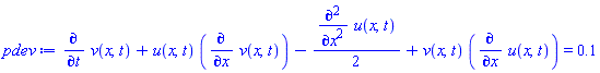 diff(v(x, t), t)+u(x, t)*(diff(v(x, t), x))-(1/2)*(diff(diff(u(x, t), x), x))+v(x, t)*(diff(u(x, t), x)) = .1