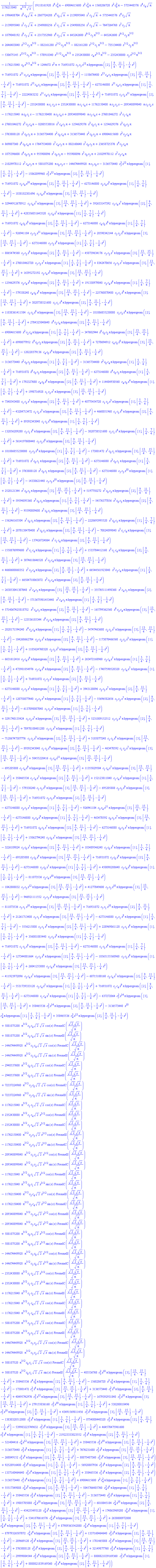 (1/1176215040)*(19118161920*x^6*c[4]^2*Pi-69004615680*x^2*c[4]^2*Pi+1568286720*x^2*c[0]^2*Pi-5735448576*x^4*c[4]*Pi^(1/2)+1996488704*x^8*c[4]*Pi^(1/2)+2867724288*x^4*c[0]*Pi^(1/2)+2139095040*x^7*c[3]*Pi^(1/2)+5735448576*x^4*c[2]*Pi^(1/2)-2139095040*x^7*c[5]*Pi^(1/2)+2549088256*x^5*c[1]*Pi^(1/2)+2549088256*x^5*c[3]*Pi^(1/2)-7647264768*x^5*c[5]*Pi^(1/2)+1879048192*x^9*c[5]*Pi^(1/2)+2317352960*x^6*c[2]*Pi^(1/2)+643242600*x^(9/2)*c[5]*Pi^(3/2)-643242600*x^(9/2)*c[3]*Pi^(3/2)+2646483840*x^(5/2)*c[5]*Pi^(3/2)-882161280*x^(5/2)*c[3]*Pi^(3/2)-882161280*x^(5/2)*c[1]*Pi^(3/2)-735134400*x^(7/2)*c[2]*Pi^(3/2)-530675145*x^(13/2)*c[5]*Pi^(3/2)-578918340*x^(11/2)*c[4]*Pi^(3/2)+2352430080*c[4]*x^(3/2)*Pi^(3/2)-2352430080*c[2]*x^(3/2)*Pi^(3/2)-1176215040*c[0]*x^(3/2)*Pi^(3/2)+1244672*x^2*Pi+716931072*c[5]*c[3]*x^12*Pi*hypergeom([2], [9/4, 11/4], -(1/4)*x^2)+716931072*x^11*c[3]*c[4]*Pi*hypergeom([2], [9/4, 11/4], -(1/4)*x^2)-1158676480*x^13*c[4]*c[5]*Pi*hypergeom([3], [13/4, 15/4], -(1/4)*x^2)+716931072*x^13*c[4]*c[5]*Pi*hypergeom([2], [9/4, 11/4], -(1/4)*x^2)-6273146880*x^11*c[4]*c[5]*Pi*hypergeom([1], [5/4, 7/4], -(1/4)*x^2)-22224863232*x^11*c[4]*c[5]*Pi*hypergeom([2], [9/4, 11/4], -(1/4)*x^2)+716931072*c[5]*c[2]*x^11*Pi*hypergeom([2], [9/4, 11/4], -(1/4)*x^2)-2352430080*Pi*c[1]*c[2]*x+2352430080*Pi*c[1]*c[4]*x+11762150400*Pi*c[2]*c[3]*x-289348899840*Pi*c[5]*c[2]*x-1176215040*Pi*c[0]*c[1]*x-11762150400*Pi*c[3]*c[4]*x+289348899840*Pi*c[5]*c[4]*x+27601846272*x^3*c[1]*c[4]*Pi+27601846272*x^3*c[3]*c[4]*Pi-82805538816*x^3*c[4]*c[5]*Pi+1254629376*x^3*c[0]*c[1]*Pi+1254629376*x^3*c[0]*c[3]*Pi-3763888128*x^3*c[0]*c[5]*Pi+31365734400*x^2*c[0]*c[4]*Pi+3136573440*x^2*c[0]*c[2]*Pi+69004615680*x^2*c[2]*c[4]*Pi+869007360*x^6*c[0]*c[4]*Pi+17647534080*x^7*c[4]*c[5]*Pi+802160640*x^7*c[0]*c[5]*Pi+23658725376*x^4*c[2]*c[4]*Pi+1075396608*x^4*c[0]*c[2]*Pi+955908096*x^5*c[0]*c[3]*Pi-955908096*x^5*c[0]*c[5]*Pi+21029978112*x^5*c[3]*c[4]*Pi-21029978112*x^5*c[4]*c[5]*Pi+5881075200*Pi*c[0]*c[3]*x-144674449920*Pi*c[5]*c[0]*x-3136573440*c[5]^2*x^12*Pi*hypergeom([1], [5/4, 7/4], -(1/4)*x^2)-15862099968*c[5]^2*x^12*Pi*hypergeom([2], [9/4, 11/4], -(1/4)*x^2)+716931072*c[2]*c[4]*x^10*Pi*hypergeom([2], [9/4, 11/4], -(1/4)*x^2)-6273146880*c[2]*c[4]*x^8*Pi*hypergeom([1], [5/4, 7/4], -(1/4)*x^2)-1838182301696*c[5]*c[4]*x^9*Pi*hypergeom([3], [13/4, 15/4], -(1/4)*x^2)+32944912678912*c[5]*c[4]*x^7*Pi*hypergeom([3], [13/4, 15/4], -(1/4)*x^2)+592633147392*c[5]*c[4]*x^7*Pi*hypergeom([2], [9/4, 11/4], -(1/4)*x^2)+428356051643520*c[5]*c[4]*x^5*Pi*hypergeom([1], [5/4, 7/4], -(1/4)*x^2)+716931072*c[4]*c[0]*x^8*Pi*hypergeom([2], [9/4, 11/4], -(1/4)*x^2)-6273146880*c[4]*c[0]*x^6*Pi*hypergeom([1], [5/4, 7/4], -(1/4)*x^2)-926941184*c[5]*c[2]*x^11*Pi*hypergeom([3], [13/4, 15/4], -(1/4)*x^2)+28590342144*c[5]*c[2]*x^9*Pi*hypergeom([3], [13/4, 15/4], -(1/4)*x^2)-6273146880*c[5]*c[2]*x^9*Pi*hypergeom([1], [5/4, 7/4], -(1/4)*x^2)-8065474560*c[5]*c[2]*x^9*Pi*hypergeom([2], [9/4, 11/4], -(1/4)*x^2)-450739634176*c[5]*c[2]*x^7*Pi*hypergeom([3], [13/4, 15/4], -(1/4)*x^2)+276018462720*c[5]*c[2]*x^7*Pi*hypergeom([1], [5/4, 7/4], -(1/4)*x^2)+8342470656*c[2]*c[3]*x^7*Pi*hypergeom([3], [13/4, 15/4], -(1/4)*x^2)+16395272192*c[2]*c[4]*x^8*Pi*hypergeom([3], [13/4, 15/4], -(1/4)*x^2)-1254629376*c[2]*c[4]*x^8*Pi*hypergeom([2], [9/4, 11/4], -(1/4)*x^2)+191330979840*c[2]*c[4]*x^6*Pi*hypergeom([1], [5/4, 7/4], -(1/4)*x^2)-579338240*c[4]*c[0]*x^8*Pi*hypergeom([3], [13/4, 15/4], -(1/4)*x^2)-225760870400*c[5]*c[1]*x^6*Pi*hypergeom([3], [13/4, 15/4], -(1/4)*x^2)+3820738521600*c[5]*c[1]*x^4*Pi*hypergeom([2], [9/4, 11/4], -(1/4)*x^2)+11038361411584*c[5]*c[3]*x^6*Pi*hypergeom([3], [13/4, 15/4], -(1/4)*x^2)-181886855230080*c[5]*c[3]*x^4*Pi*hypergeom([2], [9/4, 11/4], -(1/4)*x^2)+2784325040640*x^4*c[2]*c[4]*Pi*hypergeom([2], [9/4, 11/4], -(1/4)*x^2)-69004615680*x^2*c[2]*c[4]*Pi*hypergeom([1], [5/4, 7/4], -(1/4)*x^2)-347602944*x^6*c[0]*c[2]*Pi*hypergeom([3], [13/4, 15/4], -(1/4)*x^2)+6990077952*x^4*c[0]*c[2]*Pi*hypergeom([2], [9/4, 11/4], -(1/4)*x^2)+7270694912*c[4]*c[0]*x^6*Pi*hypergeom([3], [13/4, 15/4], -(1/4)*x^2)-120220379136*c[4]*c[0]*x^4*Pi*hypergeom([2], [9/4, 11/4], -(1/4)*x^2)-3136573440*x^2*c[0]*c[2]*Pi*hypergeom([1], [5/4, 7/4], -(1/4)*x^2)-31365734400*x^2*c[0]*c[4]*Pi*hypergeom([1], [5/4, 7/4], -(1/4)*x^2)+716931072*x^6*c[0]*c[2]*Pi*hypergeom([2], [9/4, 11/4], -(1/4)*x^2)-6273146880*x^4*c[0]*c[2]*Pi*hypergeom([1], [5/4, 7/4], -(1/4)*x^2)+1792327680*c[4]*c[0]*x^6*Pi*hypergeom([2], [9/4, 11/4], -(1/4)*x^2)+114484930560*c[4]*c[0]*x^4*Pi*hypergeom([1], [5/4, 7/4], -(1/4)*x^2)+1998716928*c[1]*c[2]*x^5*Pi*hypergeom([3], [13/4, 15/4], -(1/4)*x^2)+7348543488*c[1]*c[2]*x^5*Pi*hypergeom([2], [9/4, 11/4], -(1/4)*x^2)+40775454720*c[1]*c[2]*x^3*Pi*hypergeom([1], [5/4, 7/4], -(1/4)*x^2)-43284713472*c[1]*c[2]*x^3*Pi*hypergeom([2], [9/4, 11/4], -(1/4)*x^2)+4660051968*c[1]*c[3]*x^6*Pi*hypergeom([2], [9/4, 11/4], -(1/4)*x^2)+89392343040*c[1]*c[3]*x^4*Pi*hypergeom([1], [5/4, 7/4], -(1/4)*x^2)-132856289280*c[5]*c[1]*x^6*Pi*hypergeom([2], [9/4, 11/4], -(1/4)*x^2)-3820738521600*c[5]*c[1]*x^4*Pi*hypergeom([1], [5/4, 7/4], -(1/4)*x^2)+5614197608448*c[5]*c[3]*x^6*Pi*hypergeom([2], [9/4, 11/4], -(1/4)*x^2)+181886855230080*c[5]*c[3]*x^4*Pi*hypergeom([1], [5/4, 7/4], -(1/4)*x^2)-173801472*x^5*c[0]*c[1]*Pi*hypergeom([3], [13/4, 15/4], -(1/4)*x^2)+716931072*x^5*c[0]*c[1]*Pi*hypergeom([2], [9/4, 11/4], -(1/4)*x^2)-6273146880*x^3*c[0]*c[1]*Pi*hypergeom([1], [5/4, 7/4], -(1/4)*x^2)+3763888128*x^3*c[0]*c[1]*Pi*hypergeom([2], [9/4, 11/4], -(1/4)*x^2)-6273146880*c[5]*c[3]*x^10*Pi*hypergeom([1], [5/4, 7/4], -(1/4)*x^2)-14338621440*c[5]*c[3]*x^10*Pi*hypergeom([2], [9/4, 11/4], -(1/4)*x^2)+2520121344*x^5*c[0]*c[3]*Pi*hypergeom([3], [13/4, 15/4], -(1/4)*x^2)+5197750272*x^5*c[0]*c[3]*Pi*hypergeom([2], [9/4, 11/4], -(1/4)*x^2)+59594895360*x^3*c[0]*c[3]*Pi*hypergeom([1], [5/4, 7/4], -(1/4)*x^2)-54576377856*x^3*c[0]*c[3]*Pi*hypergeom([2], [9/4, 11/4], -(1/4)*x^2)-95590809600*x^5*c[0]*c[5]*Pi*hypergeom([3], [13/4, 15/4], -(1/4)*x^2)-156246165504*x^5*c[0]*c[5]*Pi*hypergeom([2], [9/4, 11/4], -(1/4)*x^2)-2220693995520*x^3*c[0]*c[5]*Pi*hypergeom([1], [5/4, 7/4], -(1/4)*x^2)+2070138470400*x^3*c[0]*c[5]*Pi*hypergeom([2], [9/4, 11/4], -(1/4)*x^2)-70824099840*x^5*c[1]*c[4]*Pi*hypergeom([3], [13/4, 15/4], -(1/4)*x^2)-137426724864*x^5*c[1]*c[4]*Pi*hypergeom([2], [9/4, 11/4], -(1/4)*x^2)-1558876999680*x^3*c[1]*c[4]*Pi*hypergeom([1], [5/4, 7/4], -(1/4)*x^2)+1533784412160*x^3*c[1]*c[4]*Pi*hypergeom([2], [9/4, 11/4], -(1/4)*x^2)+3074618646528*x^5*c[3]*c[4]*Pi*hypergeom([3], [13/4, 15/4], -(1/4)*x^2)+4660600868352*x^5*c[3]*c[4]*Pi*hypergeom([2], [9/4, 11/4], -(1/4)*x^2)+66544561923840*x^3*c[3]*c[4]*Pi*hypergeom([1], [5/4, 7/4], -(1/4)*x^2)-66584710063872*x^3*c[3]*c[4]*Pi*hypergeom([2], [9/4, 11/4], -(1/4)*x^2)-263853041307648*x^5*c[4]*c[5]*Pi*hypergeom([3], [13/4, 15/4], -(1/4)*x^2)-355765111498368*x^5*c[4]*c[5]*Pi*hypergeom([2], [9/4, 11/4], -(1/4)*x^2)-5713675981453440*x^3*c[4]*c[5]*Pi*hypergeom([1], [5/4, 7/4], -(1/4)*x^2)+5714067425818752*x^3*c[4]*c[5]*Pi*hypergeom([2], [9/4, 11/4], -(1/4)*x^2)-165799362560*x^6*c[2]*c[4]*Pi*hypergeom([3], [13/4, 15/4], -(1/4)*x^2)-123536185344*x^6*c[2]*c[4]*Pi*hypergeom([2], [9/4, 11/4], -(1/4)*x^2)-2820171594240*x^4*c[2]*c[4]*Pi*hypergeom([1], [5/4, 7/4], -(1/4)*x^2)-54747463680*c[2]*c[3]*x^5*Pi*hypergeom([3], [13/4, 15/4], -(1/4)*x^2)-104268662784*c[2]*c[3]*x^5*Pi*hypergeom([2], [9/4, 11/4], -(1/4)*x^2)-1173078466560*c[2]*c[3]*x^3*Pi*hypergeom([1], [5/4, 7/4], -(1/4)*x^2)+1185624760320*c[2]*c[3]*x^3*Pi*hypergeom([2], [9/4, 11/4], -(1/4)*x^2)-6631612416*c[3]*c[4]*x^9*Pi*hypergeom([2], [9/4, 11/4], -(1/4)*x^2)+263472168960*c[3]*c[4]*x^7*Pi*hypergeom([1], [5/4, 7/4], -(1/4)*x^2)+473981054976*c[5]*c[4]*x^9*Pi*hypergeom([2], [9/4, 11/4], -(1/4)*x^2)-17407590520320*c[5]*c[4]*x^7*Pi*hypergeom([1], [5/4, 7/4], -(1/4)*x^2)+716931072*c[1]*c[2]*x^7*Pi*hypergeom([2], [9/4, 11/4], -(1/4)*x^2)-6273146880*c[1]*c[2]*x^5*Pi*hypergeom([1], [5/4, 7/4], -(1/4)*x^2)+3943120896*c[2]*c[3]*x^7*Pi*hypergeom([2], [9/4, 11/4], -(1/4)*x^2)+120758077440*c[2]*c[3]*x^5*Pi*hypergeom([1], [5/4, 7/4], -(1/4)*x^2)-55696582656*c[5]*c[2]*x^7*Pi*hypergeom([2], [9/4, 11/4], -(1/4)*x^2)-6137098007040*c[5]*c[2]*x^5*Pi*hypergeom([1], [5/4, 7/4], -(1/4)*x^2)+3291740135424*c[5]*c[2]*x^5*Pi*hypergeom([3], [13/4, 15/4], -(1/4)*x^2)+5231009152512*c[5]*c[2]*x^5*Pi*hypergeom([2], [9/4, 11/4], -(1/4)*x^2)+70978108481280*c[5]*c[2]*x^3*Pi*hypergeom([1], [5/4, 7/4], -(1/4)*x^2)-71286747307776*c[5]*c[2]*x^3*Pi*hypergeom([2], [9/4, 11/4], -(1/4)*x^2)+5185077248*c[1]*c[3]*x^6*Pi*hypergeom([3], [13/4, 15/4], -(1/4)*x^2)-89392343040*c[1]*c[3]*x^4*Pi*hypergeom([2], [9/4, 11/4], -(1/4)*x^2)-463470592*c[1]*c[2]*x^7*Pi*hypergeom([3], [13/4, 15/4], -(1/4)*x^2)+58455228416*c[5]*c[4]*x^11*Pi*hypergeom([3], [13/4, 15/4], -(1/4)*x^2)-695205888*c[1]*c[4]*x^9*Pi*hypergeom([3], [13/4, 15/4], -(1/4)*x^2)+11355029504*c[1]*c[4]*x^7*Pi*hypergeom([3], [13/4, 15/4], -(1/4)*x^2)+358465536*c[1]*c[4]*x^7*Pi*hypergeom([2], [9/4, 11/4], -(1/4)*x^2)+152123811840*c[1]*c[4]*x^5*Pi*hypergeom([1], [5/4, 7/4], -(1/4)*x^2)-579338240*c[1]*c[3]*x^8*Pi*hypergeom([3], [13/4, 15/4], -(1/4)*x^2)-695205888*c[2]*c[3]*x^9*Pi*hypergeom([3], [13/4, 15/4], -(1/4)*x^2)+716931072*c[2]*c[3]*x^9*Pi*hypergeom([2], [9/4, 11/4], -(1/4)*x^2)-6273146880*c[2]*c[3]*x^7*Pi*hypergeom([1], [5/4, 7/4], -(1/4)*x^2)-926941184*c[3]*c[4]*x^11*Pi*hypergeom([3], [13/4, 15/4], -(1/4)*x^2)-6273146880*c[3]*c[4]*x^9*Pi*hypergeom([1], [5/4, 7/4], -(1/4)*x^2)-463470592*c[0]*c[3]*x^7*Pi*hypergeom([3], [13/4, 15/4], -(1/4)*x^2)+716931072*c[0]*c[3]*x^7*Pi*hypergeom([2], [9/4, 11/4], -(1/4)*x^2)-6273146880*c[0]*c[3]*x^5*Pi*hypergeom([1], [5/4, 7/4], -(1/4)*x^2)+15062794240*c[5]*c[0]*x^7*Pi*hypergeom([3], [13/4, 15/4], -(1/4)*x^2)-3226189824*c[5]*c[0]*x^7*Pi*hypergeom([2], [9/4, 11/4], -(1/4)*x^2)+183489546240*c[5]*c[0]*x^5*Pi*hypergeom([1], [5/4, 7/4], -(1/4)*x^2)-695205888*c[5]*c[0]*x^9*Pi*hypergeom([3], [13/4, 15/4], -(1/4)*x^2)+716931072*c[5]*c[0]*x^9*Pi*hypergeom([2], [9/4, 11/4], -(1/4)*x^2)-6273146880*c[5]*c[0]*x^7*Pi*hypergeom([1], [5/4, 7/4], -(1/4)*x^2)+450098288640*c[5]*c[4]*x^9*Pi*hypergeom([1], [5/4, 7/4], -(1/4)*x^2)-811073536*c[2]*c[4]*x^10*Pi*hypergeom([3], [13/4, 15/4], -(1/4)*x^2)-1042808832*c[5]*c[3]*x^12*Pi*hypergeom([3], [13/4, 15/4], -(1/4)*x^2)+41277849600*c[5]*c[3]*x^10*Pi*hypergeom([3], [13/4, 15/4], -(1/4)*x^2)-946921111552*c[5]*c[3]*x^8*Pi*hypergeom([3], [13/4, 15/4], -(1/4)*x^2)-811073536*c[5]*c[1]*x^10*Pi*hypergeom([3], [13/4, 15/4], -(1/4)*x^2)+716931072*c[5]*c[1]*x^10*Pi*hypergeom([2], [9/4, 11/4], -(1/4)*x^2)+21261713408*c[5]*c[1]*x^8*Pi*hypergeom([3], [13/4, 15/4], -(1/4)*x^2)-6273146880*c[5]*c[1]*x^8*Pi*hypergeom([1], [5/4, 7/4], -(1/4)*x^2)-5556215808*c[5]*c[1]*x^8*Pi*hypergeom([2], [9/4, 11/4], -(1/4)*x^2)+228969861120*c[5]*c[1]*x^6*Pi*hypergeom([1], [5/4, 7/4], -(1/4)*x^2)+356001085440*c[5]*c[3]*x^8*Pi*hypergeom([1], [5/4, 7/4], -(1/4)*x^2)+716931072*c[1]*c[3]*x^8*Pi*hypergeom([2], [9/4, 11/4], -(1/4)*x^2)-6273146880*c[1]*c[3]*x^6*Pi*hypergeom([1], [5/4, 7/4], -(1/4)*x^2)+127344881664*c[5]*c[3]*x^8*Pi*hypergeom([2], [9/4, 11/4], -(1/4)*x^2)-10565155560960*c[5]*c[3]*x^6*Pi*hypergeom([1], [5/4, 7/4], -(1/4)*x^2)+26041253888*c[3]*c[4]*x^9*Pi*hypergeom([3], [13/4, 15/4], -(1/4)*x^2)-411923972096*c[3]*c[4]*x^7*Pi*hypergeom([3], [13/4, 15/4], -(1/4)*x^2)-60715100160*c[3]*c[4]*x^7*Pi*hypergeom([2], [9/4, 11/4], -(1/4)*x^2)-5531739333120*c[3]*c[4]*x^5*Pi*hypergeom([1], [5/4, 7/4], -(1/4)*x^2)+716931072*c[1]*c[4]*x^9*Pi*hypergeom([2], [9/4, 11/4], -(1/4)*x^2)-6273146880*c[1]*c[4]*x^7*Pi*hypergeom([1], [5/4, 7/4], -(1/4)*x^2)-637272064*c[5]^2*x^14*Pi*hypergeom([3], [13/4, 15/4], -(1/4)*x^2)+358465536*c[5]^2*x^14*Pi*hypergeom([2], [9/4, 11/4], -(1/4)*x^2)-3136573440*x^10*c[4]^2*Pi*hypergeom([1], [5/4, 7/4], -(1/4)*x^2)+358465536*c[4]^2*x^12*Pi*hypergeom([2], [9/4, 11/4], -(1/4)*x^2)+5881075200*Pi^(3/2)*c[3]*c[4]*2^(1/2)*x^(1/2)*cos(x)*FresnelC(2^(1/2)*x^(1/2)/Pi^(1/2))+5881075200*Pi^(3/2)*c[3]*c[4]*2^(1/2)*x^(1/2)*sin(x)*FresnelS(2^(1/2)*x^(1/2)/Pi^(1/2))-144674449920*Pi^(3/2)*c[5]*c[4]*2^(1/2)*x^(1/2)*cos(x)*FresnelC(2^(1/2)*x^(1/2)/Pi^(1/2))-144674449920*Pi^(3/2)*c[5]*c[4]*2^(1/2)*x^(1/2)*sin(x)*FresnelS(2^(1/2)*x^(1/2)/Pi^(1/2))-2940537600*Pi^(3/2)*c[0]*c[3]*2^(1/2)*x^(1/2)*cos(x)*FresnelC(2^(1/2)*x^(1/2)/Pi^(1/2))-2940537600*Pi^(3/2)*c[0]*c[3]*2^(1/2)*x^(1/2)*sin(x)*FresnelS(2^(1/2)*x^(1/2)/Pi^(1/2))+72337224960*Pi^(3/2)*c[5]*c[0]*2^(1/2)*x^(1/2)*cos(x)*FresnelC(2^(1/2)*x^(1/2)/Pi^(1/2))+72337224960*Pi^(3/2)*c[5]*c[0]*2^(1/2)*x^(1/2)*sin(x)*FresnelS(2^(1/2)*x^(1/2)/Pi^(1/2))+1176215040*Pi^(3/2)*c[1]*c[2]*2^(1/2)*x^(1/2)*cos(x)*FresnelC(2^(1/2)*x^(1/2)/Pi^(1/2))+2352430080*Pi^(3/2)*c[1]*c[4]*2^(1/2)*x^(3/2)*cos(x)*FresnelS(2^(1/2)*x^(1/2)/Pi^(1/2))-2352430080*Pi^(3/2)*c[1]*c[4]*2^(1/2)*x^(3/2)*sin(x)*FresnelC(2^(1/2)*x^(1/2)/Pi^(1/2))+11762150400*Pi^(3/2)*c[2]*c[3]*2^(1/2)*x^(3/2)*cos(x)*FresnelS(2^(1/2)*x^(1/2)/Pi^(1/2))-11762150400*Pi^(3/2)*c[2]*c[3]*2^(1/2)*x^(3/2)*sin(x)*FresnelC(2^(1/2)*x^(1/2)/Pi^(1/2))-289348899840*Pi^(3/2)*c[5]*c[2]*2^(1/2)*x^(3/2)*cos(x)*FresnelS(2^(1/2)*x^(1/2)/Pi^(1/2))+289348899840*Pi^(3/2)*c[5]*c[2]*2^(1/2)*x^(3/2)*sin(x)*FresnelC(2^(1/2)*x^(1/2)/Pi^(1/2))-1176215040*Pi^(3/2)*c[0]*c[1]*2^(1/2)*x^(3/2)*cos(x)*FresnelS(2^(1/2)*x^(1/2)/Pi^(1/2))+1176215040*Pi^(3/2)*c[0]*c[1]*2^(1/2)*x^(3/2)*sin(x)*FresnelC(2^(1/2)*x^(1/2)/Pi^(1/2))-11762150400*Pi^(3/2)*c[3]*c[4]*2^(1/2)*x^(3/2)*cos(x)*FresnelS(2^(1/2)*x^(1/2)/Pi^(1/2))+11762150400*Pi^(3/2)*c[3]*c[4]*2^(1/2)*x^(3/2)*sin(x)*FresnelC(2^(1/2)*x^(1/2)/Pi^(1/2))+289348899840*Pi^(3/2)*c[5]*c[4]*2^(1/2)*x^(3/2)*cos(x)*FresnelS(2^(1/2)*x^(1/2)/Pi^(1/2))-289348899840*Pi^(3/2)*c[5]*c[4]*2^(1/2)*x^(3/2)*sin(x)*FresnelC(2^(1/2)*x^(1/2)/Pi^(1/2))+5881075200*Pi^(3/2)*c[0]*c[3]*2^(1/2)*x^(3/2)*cos(x)*FresnelS(2^(1/2)*x^(1/2)/Pi^(1/2))-5881075200*Pi^(3/2)*c[0]*c[3]*2^(1/2)*x^(3/2)*sin(x)*FresnelC(2^(1/2)*x^(1/2)/Pi^(1/2))-144674449920*Pi^(3/2)*c[5]*c[0]*2^(1/2)*x^(3/2)*cos(x)*FresnelS(2^(1/2)*x^(1/2)/Pi^(1/2))+144674449920*Pi^(3/2)*c[5]*c[0]*2^(1/2)*x^(3/2)*sin(x)*FresnelC(2^(1/2)*x^(1/2)/Pi^(1/2))-2352430080*Pi^(3/2)*c[1]*c[2]*2^(1/2)*x^(3/2)*cos(x)*FresnelS(2^(1/2)*x^(1/2)/Pi^(1/2))+2352430080*Pi^(3/2)*c[1]*c[2]*2^(1/2)*x^(3/2)*sin(x)*FresnelC(2^(1/2)*x^(1/2)/Pi^(1/2))+1176215040*Pi^(3/2)*c[1]*c[2]*2^(1/2)*x^(1/2)*sin(x)*FresnelS(2^(1/2)*x^(1/2)/Pi^(1/2))-1176215040*Pi^(3/2)*c[1]*c[4]*2^(1/2)*x^(1/2)*cos(x)*FresnelC(2^(1/2)*x^(1/2)/Pi^(1/2))-1176215040*Pi^(3/2)*c[1]*c[4]*2^(1/2)*x^(1/2)*sin(x)*FresnelS(2^(1/2)*x^(1/2)/Pi^(1/2))-5881075200*Pi^(3/2)*c[2]*c[3]*2^(1/2)*x^(1/2)*cos(x)*FresnelC(2^(1/2)*x^(1/2)/Pi^(1/2))-5881075200*Pi^(3/2)*c[2]*c[3]*2^(1/2)*x^(1/2)*sin(x)*FresnelS(2^(1/2)*x^(1/2)/Pi^(1/2))+144674449920*Pi^(3/2)*c[5]*c[2]*2^(1/2)*x^(1/2)*cos(x)*FresnelC(2^(1/2)*x^(1/2)/Pi^(1/2))+144674449920*Pi^(3/2)*c[5]*c[2]*2^(1/2)*x^(1/2)*sin(x)*FresnelS(2^(1/2)*x^(1/2)/Pi^(1/2))+588107520*Pi^(3/2)*c[0]*c[1]*2^(1/2)*x^(1/2)*cos(x)*FresnelC(2^(1/2)*x^(1/2)/Pi^(1/2))+588107520*Pi^(3/2)*c[0]*c[1]*2^(1/2)*x^(1/2)*sin(x)*FresnelS(2^(1/2)*x^(1/2)/Pi^(1/2))-405536768*c[3]^2*x^10*Pi*hypergeom([3], [13/4, 15/4], -(1/4)*x^2)+358465536*x^4*c[0]^2*Pi*hypergeom([2], [9/4, 11/4], -(1/4)*x^2)-1568286720*x^2*c[0]^2*Pi*hypergeom([1], [5/4, 7/4], -(1/4)*x^2)-173801472*c[1]^2*x^6*Pi*hypergeom([3], [13/4, 15/4], -(1/4)*x^2)+3136573440*c[1]^2*x^4*Pi*hypergeom([2], [9/4, 11/4], -(1/4)*x^2)+40495742976*c[5]^2*x^12*Pi*hypergeom([3], [13/4, 15/4], -(1/4)*x^2)-1679392931840*c[5]^2*x^10*Pi*hypergeom([3], [13/4, 15/4], -(1/4)*x^2)+279155036160*c[5]^2*x^10*Pi*hypergeom([1], [5/4, 7/4], -(1/4)*x^2)+538280810496*c[5]^2*x^10*Pi*hypergeom([2], [9/4, 11/4], -(1/4)*x^2)+43491569811456*c[5]^2*x^8*Pi*hypergeom([3], [13/4, 15/4], -(1/4)*x^2)-13830328512000*c[5]^2*x^8*Pi*hypergeom([1], [5/4, 7/4], -(1/4)*x^2)-8754008440320*c[5]^2*x^8*Pi*hypergeom([2], [9/4, 11/4], -(1/4)*x^2)-539983223749632*c[5]^2*x^6*Pi*hypergeom([3], [13/4, 15/4], -(1/4)*x^2)+464578475961600*c[5]^2*x^6*Pi*hypergeom([1], [5/4, 7/4], -(1/4)*x^2)-219223333023552*c[5]^2*x^6*Pi*hypergeom([2], [9/4, 11/4], -(1/4)*x^2)-521404416*c[4]^2*x^12*Pi*hypergeom([3], [13/4, 15/4], -(1/4)*x^2)+358465536*c[3]^2*x^10*Pi*hypergeom([2], [9/4, 11/4], -(1/4)*x^2)-3136573440*c[3]^2*x^8*Pi*hypergeom([1], [5/4, 7/4], -(1/4)*x^2)+7676231680*c[3]^2*x^8*Pi*hypergeom([3], [13/4, 15/4], -(1/4)*x^2)-268849152*c[3]^2*x^8*Pi*hypergeom([2], [9/4, 11/4], -(1/4)*x^2)-80075407360*c[3]^2*x^6*Pi*hypergeom([3], [13/4, 15/4], -(1/4)*x^2)+92528916480*c[3]^2*x^6*Pi*hypergeom([1], [5/4, 7/4], -(1/4)*x^2)-56928807936*c[3]^2*x^6*Pi*hypergeom([2], [9/4, 11/4], -(1/4)*x^2)-1337160464640*c[3]^2*x^4*Pi*hypergeom([1], [5/4, 7/4], -(1/4)*x^2)+358465536*c[1]^2*x^6*Pi*hypergeom([2], [9/4, 11/4], -(1/4)*x^2)-3136573440*c[1]^2*x^4*Pi*hypergeom([1], [5/4, 7/4], -(1/4)*x^2)+69004615680*x^2*c[4]^2*Pi*hypergeom([1], [5/4, 7/4], -(1/4)*x^2)+55517349888*c[4]^2*x^8*Pi*hypergeom([2], [9/4, 11/4], -(1/4)*x^2)-5045766485760*c[4]^2*x^6*Pi*hypergeom([1], [5/4, 7/4], -(1/4)*x^2)+358465536*c[2]^2*x^8*Pi*hypergeom([2], [9/4, 11/4], -(1/4)*x^2)-3136573440*c[2]^2*x^6*Pi*hypergeom([1], [5/4, 7/4], -(1/4)*x^2)+19885785088*c[4]^2*x^10*Pi*hypergeom([3], [13/4, 15/4], -(1/4)*x^2)-6810845184*c[4]^2*x^10*Pi*hypergeom([2], [9/4, 11/4], -(1/4)*x^2)-454255493120*c[4]^2*x^8*Pi*hypergeom([3], [13/4, 15/4], -(1/4)*x^2)+174863969280*c[4]^2*x^8*Pi*hypergeom([1], [5/4, 7/4], -(1/4)*x^2)+5341870616576*c[4]^2*x^6*Pi*hypergeom([3], [13/4, 15/4], -(1/4)*x^2)+2630800972800*c[4]^2*x^6*Pi*hypergeom([2], [9/4, 11/4], -(1/4)*x^2)+87989363542080*c[4]^2*x^4*Pi*hypergeom([1], [5/4, 7/4], -(1/4)*x^2)-87979326507072*c[4]^2*x^4*Pi*hypergeom([2], [9/4, 11/4], -(1/4)*x^2)+1337160464640*c[3]^2*x^4*Pi*hypergeom([2], [9/4, 11/4], -(1/4)*x^2)-289669120*c[2]^2*x^8*Pi*hypergeom([3], [13/4, 15/4], -(1/4)*x^2)+1781465088*c[2]^2*x^6*Pi*hypergeom([3], [13/4, 15/4], -(1/4)*x^2)+3763888128*c[2]^2*x^6*Pi*hypergeom([2], [9/4, 11/4], -(1/4)*x^2)+32149877760*c[2]^2*x^4*Pi*hypergeom([1], [5/4, 7/4], -(1/4)*x^2)-29999084544*c[2]^2*x^4*Pi*hypergeom([2], [9/4, 11/4], -(1/4)*x^2)-8800821839169360*c[5]^2*x^4*Pi*hypergeom([1], [5/4, 7/4], -(1/4)*x^2)+8800821839169360*c[5]^2*x^4*Pi*hypergeom([2], [9/4, 11/4], -(1/4)*x^2))/(Pi^(3/2)*x^(1/2))