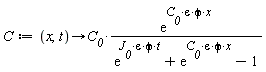 C := proc (x, t) options operator, arrow; C__0*exp(C__0*varepsilon*phi*x)/(exp(J__0*varepsilon*phi*t)+exp(C__0*varepsilon*phi*x)-1) end proc