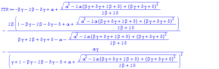 -beta*gamma-2*beta-delta*gamma+alpha+(alpha^2-2*alpha*(beta*gamma+delta*gamma+2*beta+delta)+(beta*gamma+delta*gamma+delta)^2)^(1/2)/(2*beta+2*delta)-2*beta*(1-beta*gamma-2*beta-delta*gamma-delta+alpha+(alpha^2-2*alpha*(beta*gamma+delta*gamma+2*beta+delta)+(beta*gamma+delta*gamma+delta)^2)^(1/2)/(2*beta+2*delta))/(beta*gamma+2*beta+delta*gamma+delta-alpha-(alpha^2-2*alpha*(beta*gamma+delta*gamma+2*beta+delta)+(beta*gamma+delta*gamma+delta)^2)^(1/2)/(2*beta+2*delta))-alpha*gamma/(gamma+1-beta*gamma-2*beta-delta*gamma-delta+alpha+(alpha^2-2*alpha*(beta*gamma+delta*gamma+2*beta+delta)+(beta*gamma+delta*gamma+delta)^2)^(1/2)/(2*beta+2*delta))^2