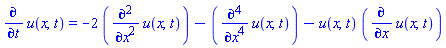 diff(u(x, t), t) = -2*(diff(diff(u(x, t), x), x))-(diff(diff(diff(diff(u(x, t), x), x), x), x))-u(x, t)*(diff(u(x, t), x))