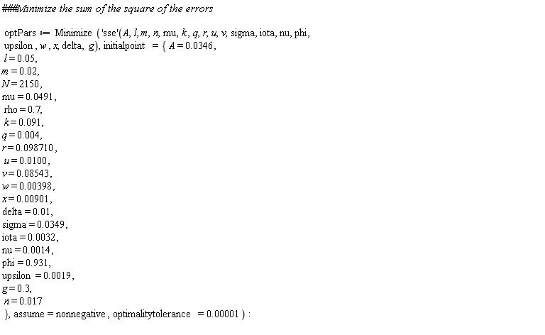 optPars := Minimize(('sse')(A, l, m, n, mu, k, q, r, u, v, sigma, iota, nu, phi, upsilon, w, x, delta, g), initialpoint = {A = 0.346e-1, N = 2150, delta = 0.1e-1, g = .3, iota = 0.32e-2, k = 0.91e-1, l = 0.5e-1, m = 0.2e-1, mu = 0.491e-1, n = 0.17e-1, nu = 0.14e-2, phi = .931, q = 0.4e-2, r = 0.98710e-1, rho = .7, sigma = 0.349e-1, u = 0.100e-1, upsilon = 0.19e-2, v = 0.8543e-1, w = 0.398e-2, x = 0.901e-2}, assume = nonnegative, optimalitytolerance = 0.1e-4)