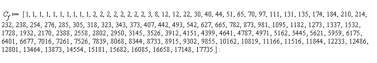 C__f := [1, 1, 1, 1, 1, 1, 1, 1, 1, 1, 2, 2, 2, 2, 2, 2, 2, 2, 3, 8, 12, 12, 22, 30, 40, 44, 51, 65, 70, 97, 111, 131, 135, 174, 184, 210, 214, 232, 238, 254, 276, 285, 305, 318, 323, 343, 373, 407, 442, 493, 542, 627, 665, 782, 873, 981, 1095, 1182, 1273, 1337, 1532, 1728, 1932, 2170, 2388, 2558, 2802, 2950, 3145, 3526, 3912, 4151, 4399, 4641, 4787, 4971, 5162, 5445, 5621, 5959, 6175, 6401, 6677, 7016, 7261, 7526, 7839, 8068, 8344, 8733, 8915, 9302, 9855, 10162, 10819, 11166, 11516, 11844, 12233, 12486, 12801, 13464, 13873, 14554, 15181, 15682, 16085, 16658, 17148, 17735]