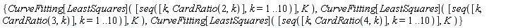 {CurveFitting[LeastSquares]([seq([k, CardRatio(2, k)], k = 1 .. 10)], K), CurveFitting[LeastSquares]([seq([k, CardRatio(3, k)], k = 1 .. 10)], K), CurveFitting[LeastSquares]([seq([k, CardRatio(4, k)], k = 1 .. 10)], K)}
