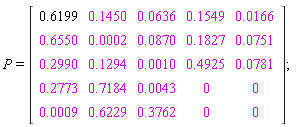 P = (Matrix(5, 5, {(1, 1) = .6199, (1, 2) = .1450, (1, 3) = 0.636e-1, (1, 4) = .1549, (1, 5) = 0.166e-1, (2, 1) = .6550, (2, 2) = 0.2e-3, (2, 3) = 0.870e-1, (2, 4) = .1827, (2, 5) = 0.751e-1, (3, 1) = .2990, (3, 2) = .1294, (3, 3) = 0.10e-2, (3, 4) = .4925, (3, 5) = 0.781e-1, (4, 1) = .2773, (4, 2) = .7184, (4, 3) = 0.43e-2, (4, 4) = 0, (4, 5) = 0, (5, 1) = 0.9e-3, (5, 2) = .6229, (5, 3) = .3762, (5, 4) = 0, (5, 5) = 0}))