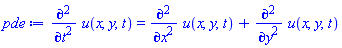 diff(diff(u(x, y, t), t), t) = diff(diff(u(x, y, t), x), x)+diff(diff(u(x, y, t), y), y)