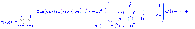 "u(x,y,t)=(&sum;) (&sum;)-(2 sin(n Pi x) sin(n1 Pi y) cos(Pi sqrt(n^2+n1^2) t) ({[[Pi^2,n=1],[-(8 n ((-1)^n+1))/((n-1)^2 (n+1)^2),1<n]]) n1 ((-1)^n1+1))/(Pi^4 (-1+n1)^2 (n1+1)^2)"