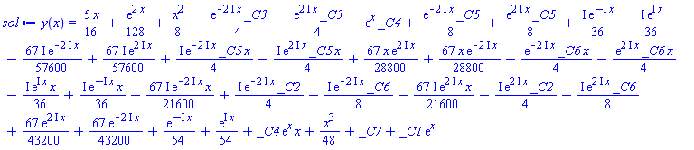 y(x) = (5/16)*x+(1/128)*exp(2*x)+(1/8)*x^2-(1/4)*exp(-(2*I)*x)*_C3-(1/4)*exp((2*I)*x)*_C3-exp(x)*_C4+(1/8)*exp(-(2*I)*x)*_C5+(1/8)*exp((2*I)*x)*_C5+((1/36)*I)*exp(-I*x)-((1/36)*I)*exp(I*x)-((67/57600)*I)*exp(-(2*I)*x)+((67/57600)*I)*exp((2*I)*x)+((1/4)*I)*exp(-(2*I)*x)*_C5*x-((1/4)*I)*exp((2*I)*x)*_C5*x+(67/28800)*x*exp((2*I)*x)+(67/28800)*x*exp(-(2*I)*x)-(1/4)*exp(-(2*I)*x)*_C6*x-(1/4)*exp((2*I)*x)*_C6*x-((1/36)*I)*exp(I*x)*x+((1/36)*I)*exp(-I*x)*x+((67/21600)*I)*exp(-(2*I)*x)*x+((1/4)*I)*exp(-(2*I)*x)*_C2+((1/8)*I)*exp(-(2*I)*x)*_C6-((67/21600)*I)*exp((2*I)*x)*x-((1/4)*I)*exp((2*I)*x)*_C2-((1/8)*I)*exp((2*I)*x)*_C6+(67/43200)*exp((2*I)*x)+(67/43200)*exp(-(2*I)*x)+(1/54)*exp(-I*x)+(1/54)*exp(I*x)+_C4*exp(x)*x+(1/48)*x^3+_C7+_C1*exp(x)