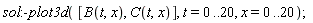 sol:-plot3d([B(t, x), C(t, x)], t = 0 .. 20, x = 0 .. 20)