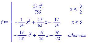 piecewise(x < 3/2, (59/756)*x^2, x < 5, -(1/84)*x^2+(17/63)*x-17/84, -(19/504)*x^2+(19/36)*x-61/72)