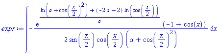 int(-(1/2)*exp((ln(a+cos((1/2)*x)^2)+(-2*a-2)*ln(cos((1/2)*x)))/a)*(-1+cos(x))/(sin((1/2)*x)*cos((1/2)*x)*(a+cos((1/2)*x)^2)), x)
